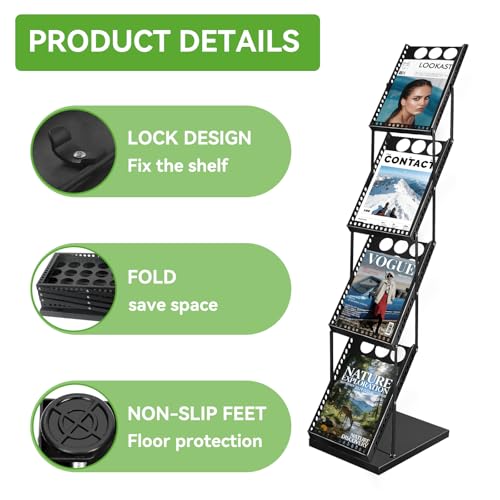 YDisplay Foldable Magazine Display Rack 4-Tier Brochure Literature Display Stand with Reinforced Base for Trade Show Literature Stand Ideal for Office Store Exhibition and Events