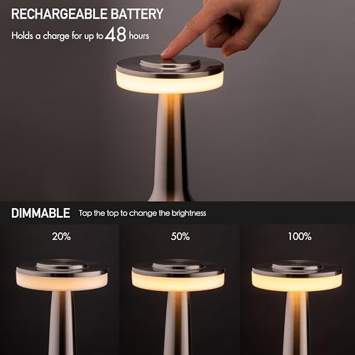 O’Bright Portable LED Table Lamp with Touch Sensor, 3-Levels Brightness, Rechargeable Battery Up to 48 Hours Usage, Night Light for Kids Nursery, Nightstand Lamp, Bedside Lamp (Silver) - color: Silver