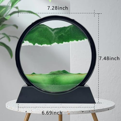 AzureLeap Moving Sand Art Liquid Motion, 3D Deep Sea Sandscape Color Quicksand Decor, Round Glass Moving Sand Art Picture Relaxing Desktop Home Office Work Decor (7 inch-Green) - color: Green, size: 7 inch