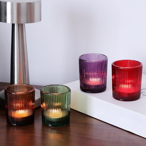 VOHO 4 Colors Ribbed Votive Candle Holders for Fall Decor, Set of 12 Tealight Candle Holder Easter/Halloween/Thanksgiving Decorations, Christmas Tea Light Candle Holder Glass Dining Table Centerpiece - color: Multicolor