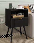 Veegle Nightstand,Modern Bedside Table with Storage Drawer and Open Wood Shelf, Accent Night Stand with Solid Wood Legs for Living Room, Bedroom and Small Spaces,Easy Assembly (Black-Outlet) - color: Black-outlet