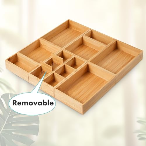 Fabsome Drawer Organizer, Set of 9 Bamboo Wood Kitchen Makeup Desk Junk Tea Drawer Storage Boxes Bins for Cutlery Silverware Utensils Flatware, Small Wooden Container Tray for Bathroom, Office - size: 2''H 9 Boxes