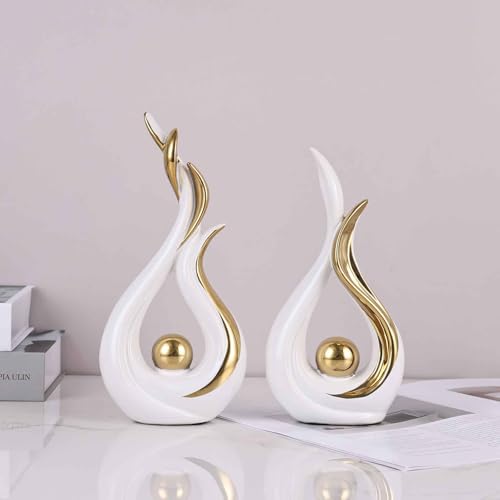 2PCS White and Gold Abstract Ceramic Sculptures – Modern Home Decor Accents and Centerpieces for Coffee Table, Shelf, Dining Room, Kitchen, Tv Stand, Entryway Or Desktop Display