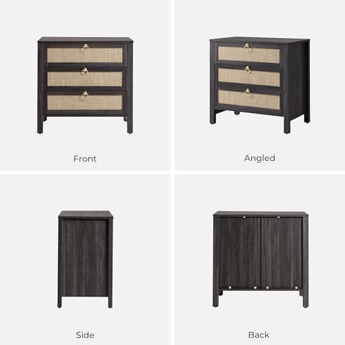 SICOTAS Night Stand with Drawers, Large Rattan Bedside Table with Golden Handle, 3 Drawers Nightstand Tall End Table Side Table Boho Nightstand for Bedroom - color: Obsidian