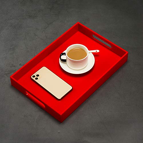 Sturdy Red Acrylic Serving Tray with Handles - 10x15Inch, Coffee, Appetizer, Breakfast, Butler Tray - Kitchen Countertop & Vanity Table Organizer - color: Glossy Red, size: 15" x 10" x 2"