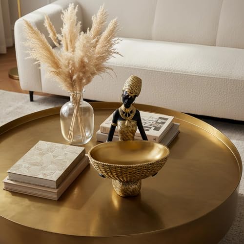 Lescafita Handmade African Seated Woman Sculpture - Gold Tribal Figure Holding Basket, Resin Home Decor for Shelf/Table, Unique Cultural Gift (9" H) - color: 301-gold