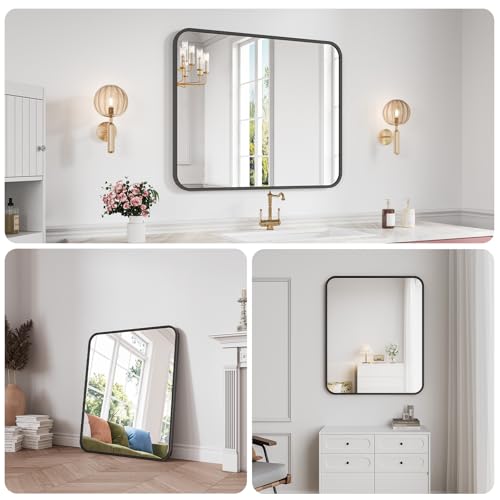 Koonmi Bathroom Mirror, 30X30 Inch Black Metal Framed Mirror for Bathroom, Tempered Glass, Anti-Rust, Rounded Rectangle Mirror for Restroom, Bedroom, Black - color: Rounded Edged, size: 30"L x 30"W