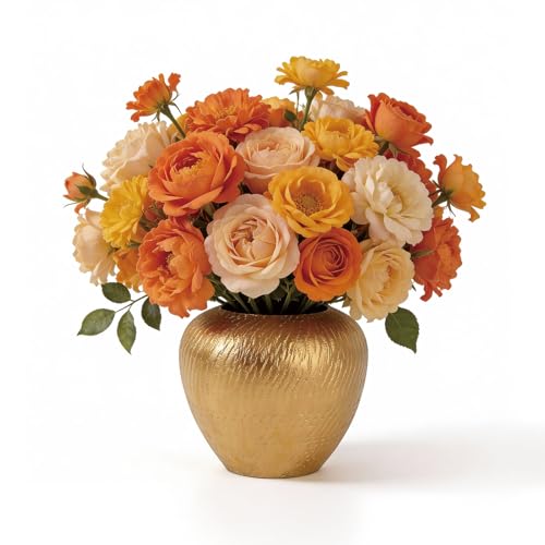 Gold Round Ceramic Vintage Vase - 7.48“ Golden Rustic Farmhouse Boho Vases for Home Decor, Modern Decorative Pottery Vase for Living Room, Diningroom Table, Entryway, Mantel - style: Gold Texture Round