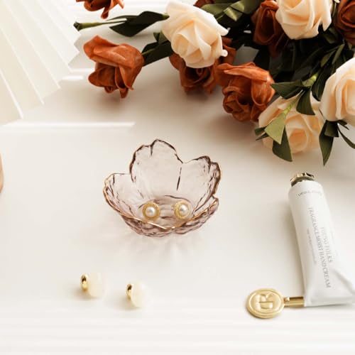Pink Flower Jewelry Ring Dish Tray,Decorative Glass Trinket Dish,Room Decor Aesthetic, Modern Accent Tray for Vanity(Pink Gold Border) - color: Pink Gold Border