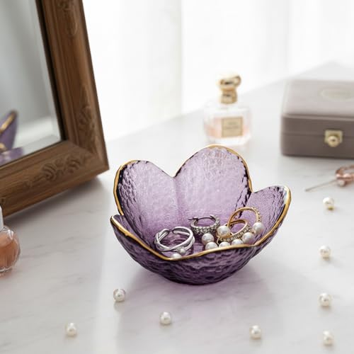 Purple Flower Ring Dish Jewelry Tray, Small Glass Trinket Tray for Rings Earrings, Present for Wife Mom Daughter Women - color: Purple