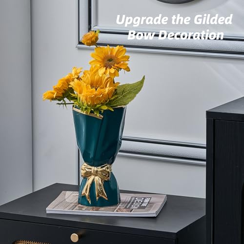 Bow Vase for Home Decor, Gold Vase for Boho Style, 9.65 Inch Large Vases for Ideal Table Decor, Living Room. Ceramic Flower Vases. （Glazed Exterior and Interior） (Green, Large) - color: Green and Gold