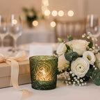 6 Pack Patented Sun Moon Star Embossed Glass Tea Light Candle Holders - Unique Votive Candle Holders for Wedding, Party, and Table Centerpieces (Moss Green) - color: Moss Green