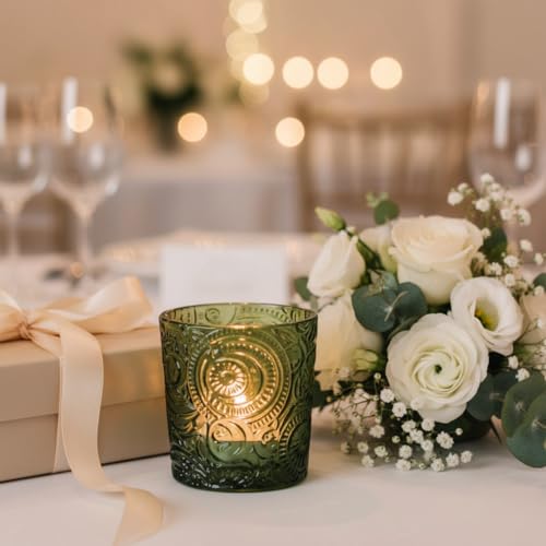 6 Pack Patented Sun Moon Star Embossed Glass Tea Light Candle Holders - Unique Votive Candle Holders for Wedding, Party, and Table Centerpieces (Moss Green) - color: Moss Green