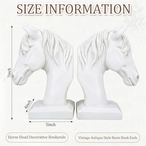 Set of 2 Horse Head Bookends Antique Heavy Duty Book Ends Resin Decorative Art Bookends for Derby Day Vintage Home Office Desk Decoration Horse Lovers Gifts (White) - color: White