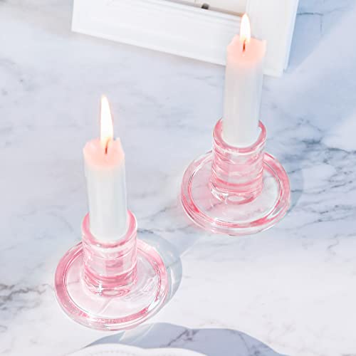 4PCS Pale Pink Taper Candle Holders, Glass Crystal Candlestick Holders Bulk, Clear Candle Holders for Dining Table Centerpiece - color: Pink 4pcs