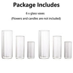 Hewory Glass Cylinder Ribbed Vases Set of 6, Tall Clear Vase for Centerpieces, Hurricane Candle Holders for Pillar or Floating Candles, Round Vases for Wedding Anniversary Events Home Table Decor