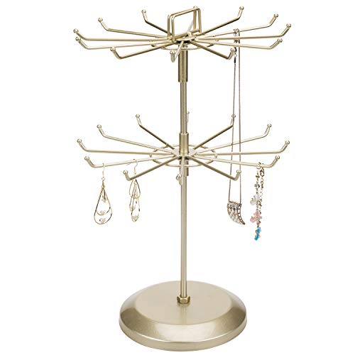 MyGift 2 Tier Brass Metal Jewelry Stand Rotating Necklace and Bracelet Organizer with 24 Hooks for storage, Multipurpose Accessory and Decorative Keychain Spinning Display Rack for women - color: Brass (2 Tier)