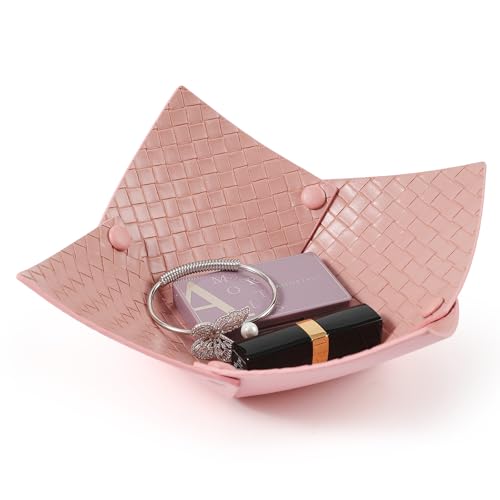 KINIVA 2 Pack PU Leather Jewelry Valet Tray for Men Women,Small Key Bowl for Entryway Table,Portable Travel Catchall Dice Tray (Bowl-Pink-2pcs) - style: Bowl-Pink-2pcs
