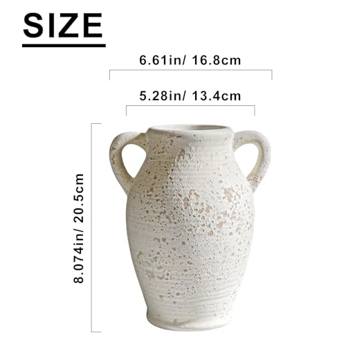 Sunddo Rustic Ceramic Flower Vase with 2 Handles, Textured Farmhouse Vase, White Modern Decorative Vases, Living Room, Shelf, Mantle, Entryway, Fireplace Decor - color: White - 8, size: 8 Inch
