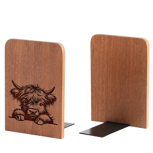 Highland Cow Gifts for Women, Scottish Cow Bookends, Heavy Duty Wooden Bookends for Shelves Decorative(1 Pair, 4.72x6.69 Inches) - Peek - color: Peek