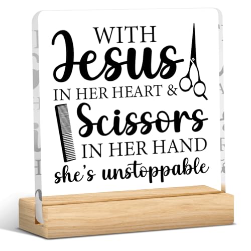 Hairstylist Gif,Hairdresser Gift,Hair Stylist Gifts for Women Her Jesus in Her Heart and Scissors in Her Hand Acrylic Desk Decor Sign with Wood Stand for Hair Salon Barbershop 4 X 4 Inch - color: Jesus