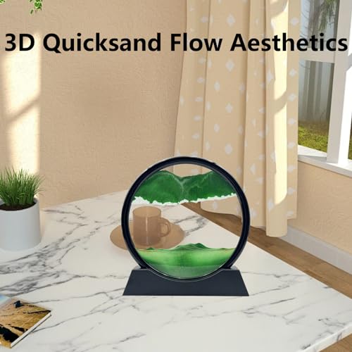 AzureLeap Moving Sand Art Liquid Motion, 3D Deep Sea Sandscape Color Quicksand Decor, Round Glass Moving Sand Art Picture Relaxing Desktop Home Office Work Decor (7 inch-Green) - color: Green, size: 7 inch