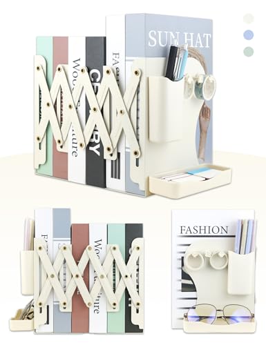 Heavy Duty Bookends Adjustable Book End, Desk Book Holder for Shelves, Book Organizer for Desk, Suitable for Office Home School (19.69 inches Max) (White) - color: White