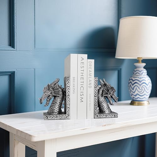 Book Ends for Shelves to Hold Books Heavy Duty,Decorative Bookend for Bookshelf Décor, Animal Dragon Book Stopper Dragon Statues for Home, Office Desk, Living Room Decoration,Vintage Silver,1pair - style: Dragon