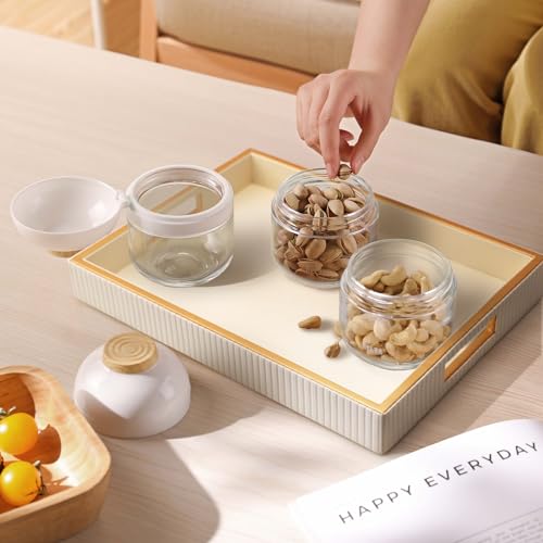 SANZIE Leather Tray Desktop Storage Organizer Premium Serving Trays Decorative Tray Valet Tray for Sundries Cosmetics Phone Wallet Cutlery (White Holder)