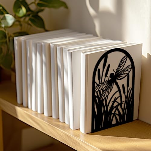 Peacoblue Metal Bookends for Shelves, Modern Decorative Heavy Duty Study Book Support Stoppers for Office, Desk, Shelf, Room 5.3"x4.3"x7.9" Cast Iron Simple Tall Bookends, 1 Pair (Dragonfly) - style: Dragonfly