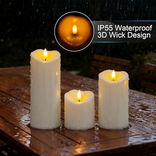 Raycare 3"x4"6" 8" Outdoor Waterproof Flameless Candles, Battery Operated LED Candles with Remote Control and Timer, Electric Fake Plastic Pillar Candles, Ivory White, Set of 3 - color: D3"xH4"6"8"-Ivory White