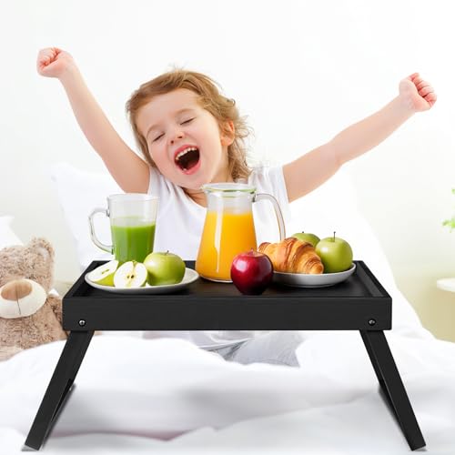 Bamboo Bed Tray Table with Folding Leg, Breakfast in Bed Tray for Eating,Kitchen Serving,Food, Sofa, Snacking or Working, Laptop Desk Dinner(1, Black) - color: Black