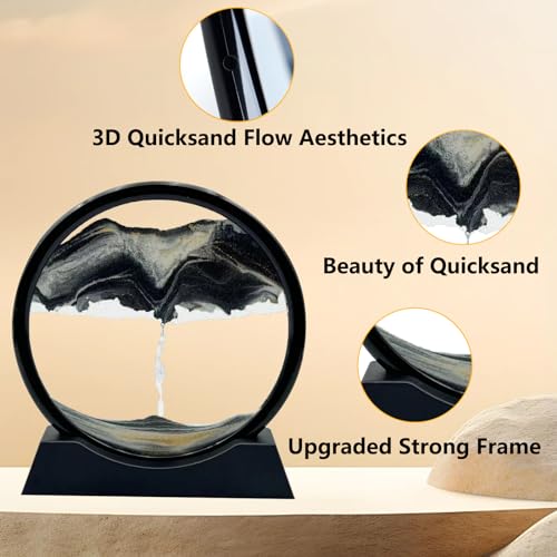 AzureLeap Moving Sand Art Liquid Motion, 3D Deep Sea Sandscape Color Quicksand Decor, Round Glass Moving Sand Art Picture Relaxing Desktop Home Office Work Decor (7 inch-Black) - color: BLACK, size: 7 inch