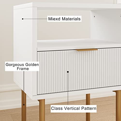 Masupu Nightstand,Mid-Century Modern Bedside Table with Storage Drawer and Open Wood Shelf,Small Gold Frame Side Table for Bedroom,Living Room,White - color: A.white, style: 1 Drawer