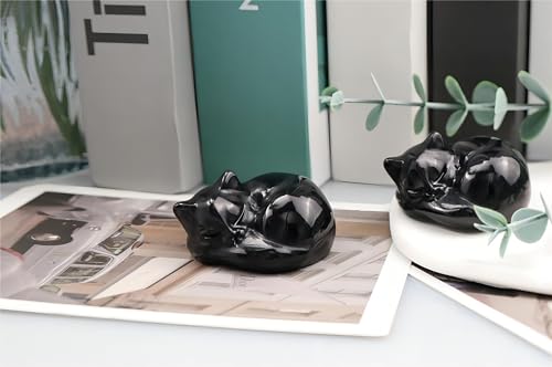 QINJIEJIE 2 Inch Black Obsidian Cat Crystal Black Cat Gemstones Decorations Healing Stone Statue Cute Kitten Figurines Decor Gifts Crystal Home Office Desk Decor for Lovers Stocking Suffers for Men - color: A-black-glossy Obsidian, size: 2 inches