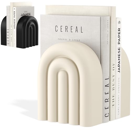 KIVY Concrete Book Ends for Shelves [Heavy Duty BOOKENDS] - Bookends Decorative for Heavy Books - Modern Trendy Book Ends - Book Stopper for Shelves - Book Holders for Shelves (White Bookends)
