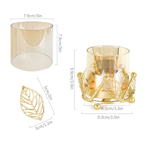 Hurricane Candle Holder, Gold Pillar Candle Holder with Leaf-Shaped Decorative Accents & Windproof Glass Lid, Perfect for Weddings, Dinners, Parties & Special Events - size: 10cm