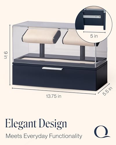 QWATCH Watch Stand Display Case - Acrylic Watch Box for 2 or 4 Watches with Jewelry Valet Tray and Drawer - color: Double - Navy / Ivory
