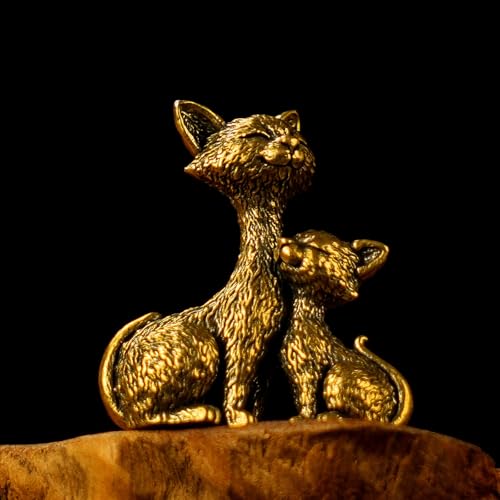 CHOVY Solid Brass Mother & Kitten Cat Statue - Handcrafted Vintage Figurine 100% Pure Metal, Artisanal Collectible Sculpture for Desk, Curio Cabinet & Mid-Century Home Decor Display - color: Big and Little Cats