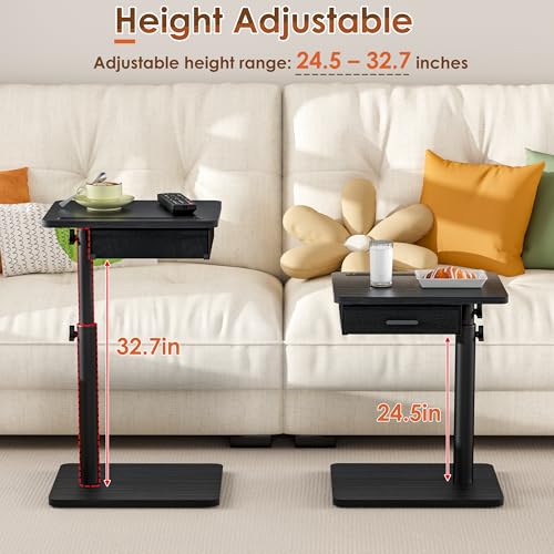 TV Tray with Drawer & Device Slot, Swivel Height Adjustable bedside table, Sofa Side Table for Eating, C Shaped Couch Table for Living Room & Bedroom, Portable Snack End Table for Couch & Bed, Black - color: Black