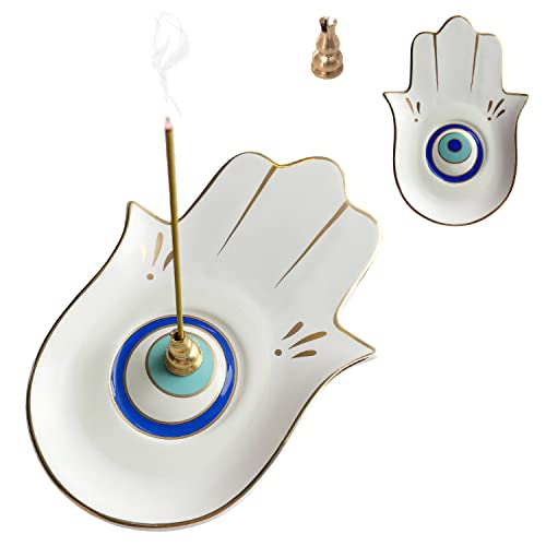 Ceramic Hamsa Hand Incense Holder - 2 in 1 Brass Incense Holder for Sticks and Coil Incense- Zen Decor with Hand of Fatima Design Protection from Evil - 6.2" L X 4.5" W (WhiteEye) - color: Whiteeye