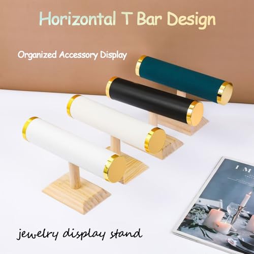 Jewelry Display T-Bar Stand – 9 inch Beige Textured Velvet Bracelet Holder with Gold Metal Ends, 1-Tier Jewelry Organizer with Natural Pine Base, Bangle & Watch Display for Retail & Vanity - color: Beige Textured Velvet