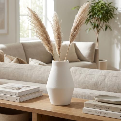 1pcs. White Vase for Home Decor Table, Living Room, Entryway Ceramic Geometric Wide-Mouth for Flowers Textured Matte Unglazed Pottery - White Height 9.41 in/Width 6.1 in/Opening 3.66 in - color: White, size: 10 inch