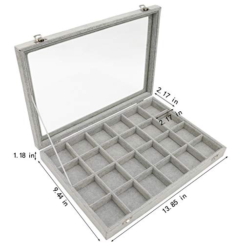 Stratalife Velvet Jewelry Organizer 24 Grid Jewelry Tray with Clear Glass Lid Display Showcase Storage Organizer Box for Earring Necklace Rings Dice Gray (24 Grids) - color: Gray, size: 30 Grid
