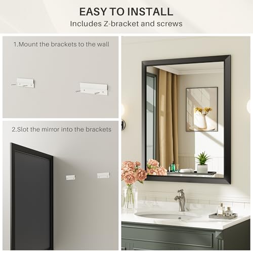 Briivue 48x30 Inch Black Bathroom Mirror for Wall, Thick Metal Framed Rectangle Mirrors for Over Sink, Bedroom, Living Room, Entryway, Anti-Rust, HD Tempered Glass - color: Black, size: 48"L x 30"W