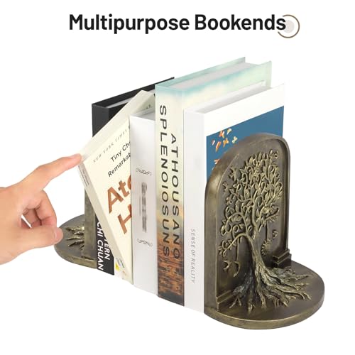 Tree of Life Vintage Heavy Bookends, 2 Unique Bronze Decorative Bookend for Shelves or Bookcase, Anti-Slip Book Shelf Bookends Decorative, Gifts for Mother and Father - style: Tree of Life