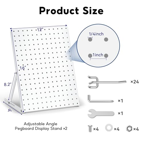 2 Pack Pegboard Display Stand, Sturdy Anti-tip Design,Small Peg Board Tabletop with 24 Hooks, Adjustable Metal Peg Board for Vendor Display, Craft Show, Jewelry Display 16''X12'' – White - color: White