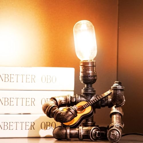 Music Guitar Table Lamp,Steampunk Table Lamp,Retro Guitars Steampunk lamp, Industrial Metal Tube Robot Lamp Cool Guitar Stuff Present for Men Music Lovers - color: Silver Black Lamp Body + Acoustic Guitar
