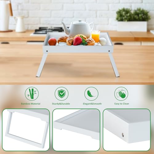 Bamboo Bed Tray Table with Folding Leg, Breakfast in Bed Tray for Eating,Kitchen Serving, Food, Sofa, Snacking or Working, Laptop Desk Dinner(1, White) - color: White