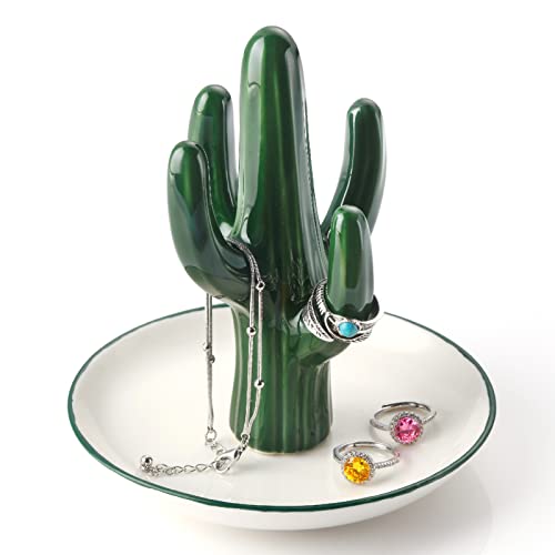 PUDDING CABIN Cactus Ring Holder Green Jewelry Dish for Rings Earrings Bracelets Necklace Organizer, Cactus Gift for Women Birthday Wedding Graduation Christmas Valentines, Room Decor Aesthetic - style: Tall Cactus
